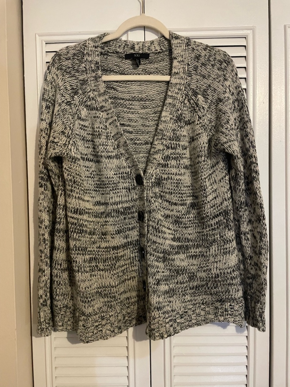 Forever 21 Black and White Marled V-Neck Button Cardigan